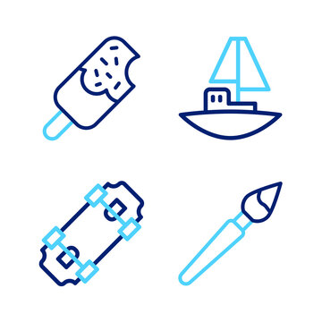 Set line Paint brush, Skateboard, Toy boat and Ice cream icon. Vector