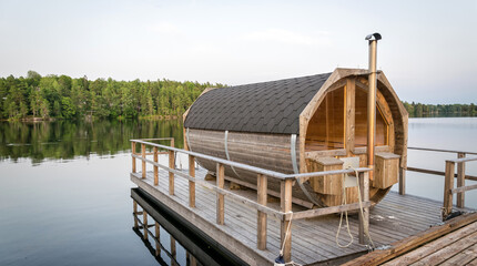 Traditional swedish lake sauna building - 525255460