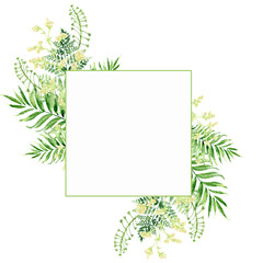 Watercolor tropical leaves square frame, floral greenery trendy Hand painted isolated illustration, tropic summertime jungle motif banner, birthday greeting, Invitation template