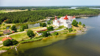 Fototapeta na wymiar Aerial, side view over the Lacko Castle