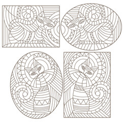 Fototapeta premium Set of outline illustrations in the style of stained glass with abstract cats , dark outlines on white background