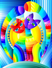Illustration in stained glass style with a pair of abstract geometric rainbow cats on a blue background with sun