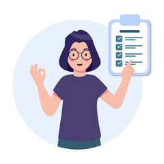 Young woman Jane points in the direction marked by a checklist. Successfully complete business assignments, time management, work planning, organization of daily goals. flat design vector illustration