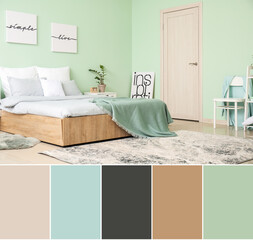 Interior of modern stylish bedroom with mint walls. Different color patterns