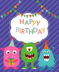 Birthday card with funny monsters. Vector illustration