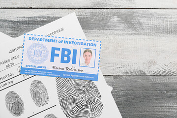 Document of FBI agent and paper sheets with finger prints on wooden background