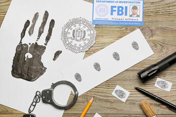 Paper sheets with different prints, document of FBI agent and accessories on wooden background
