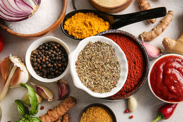 Fresh aromatic spices on light background, closeup