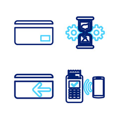 Set line POS terminal, Cash back, Hourglass and gear and Credit card icon. Vector