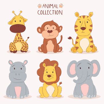 Cute baby animals set. African animals in children performance for use in printing and interior. Hand drawn color illustrations for the little ones.