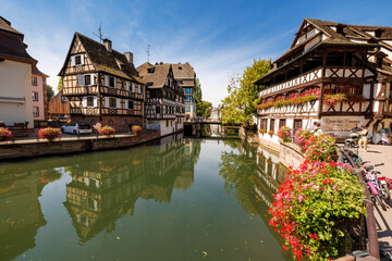 Fototapeta na wymiar Timber-framed house at ill in La Petite France in Strasbourg in Alsace