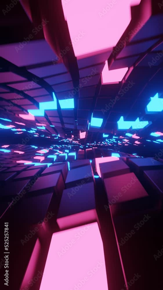 Aufkleber Vertical 3D rendered loop video with moving cubes waves in neon glowing light background. Abstract blue and pink technologic looped tunnel. Hyperrealistic dimensional geometrical patterned visual