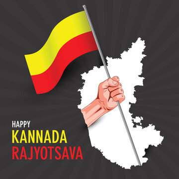 Karnataka Formation Day, Kannada Rajyotsava creative concept vector illustration of hand holding Karnataka flag