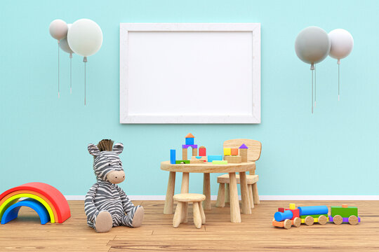 Picture frame mockup in a kids playroom. 3d rendered illustration.