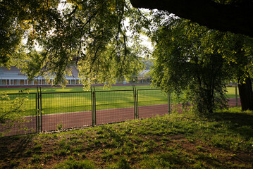 Running tracks and a football pitch from outside