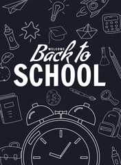 Back to school poster clock alarm clock, retro. Background template