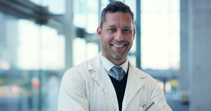 Male medical, healthcare doctor in health and medicine at work in a hospital or clinic. Portrait of a happy GP worker or employee with a smile for healthy career success in the workplace.