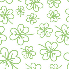 Fototapeta na wymiar Vector seamless pattern with many pastel green clover leaves on white background. Simple decorative childish plant illustration. Trendy textile print. Spring meadow. Saint Patrick's Day celebration.