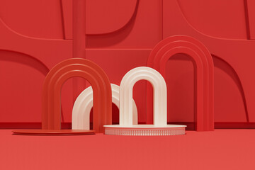 Fototapeta premium Realistic dark red and white 3D cylinder pedestal podium with red arch shape backdrop. Minimal scene for products, Promotion display. Abstract studio room platform. Holiday day concept.3d render 