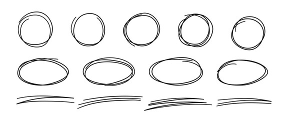 Hand drawn scribble lines, circles and ovals. Doodle sketch underlines. Highlight circle frames. Ellipses in doodle style. Set of vector illustration isolated on white background. - obrazy, fototapety, plakaty
