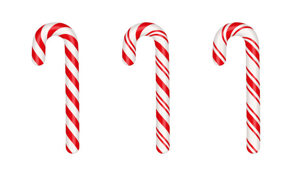 Christmas candy canes. Christmas stick. Traditional xmas candy with red, green and white stripes. Santa caramel cane with striped pattern. Vector illustration isolated on white background.