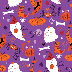 Fototapeta na wymiar Happy Halloween seamless pattern Pumpkin, bat, ghost, skull, star, owl, spider , hat. Vector cartoon illustration background