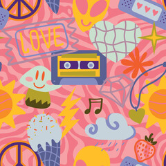 Vector teenage seamless 70s retro pattern hippie