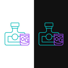 Line Whiskey bottle and glass icon isolated on white and black background. Colorful outline concept. Vector