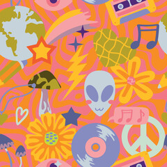 Vector teenage seamless 70s retro pattern hippie