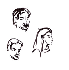 set of three human heads, graphic black and white drawing