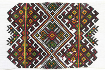 National ornament on Ukrainian embroidery. Ornamentation of old Ukrainian towels and tablecloths, embroidery and placement of patterns. Home-woven fabric. Handmade. Embroidery of the late 19-20 th cen