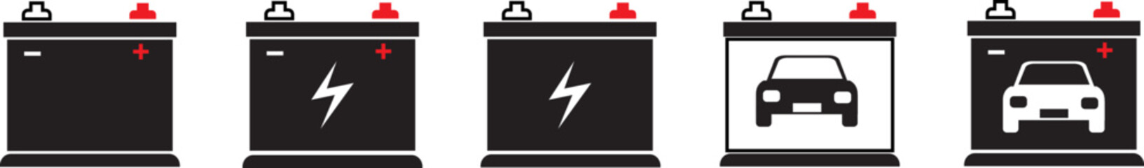 Car battery icon collection. Energy power accumulator. Automotive charge sign. Auto battery symbols isolated on white background. Vector illustration.
