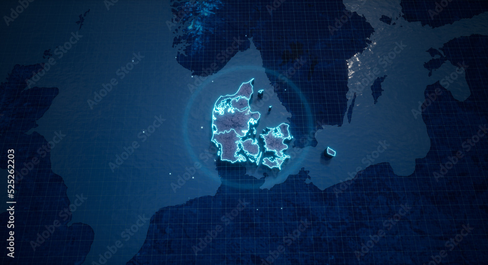 Poster abstract geometric futuristic concept 3d map of denmark with borders as scribble, blue neon style. 3