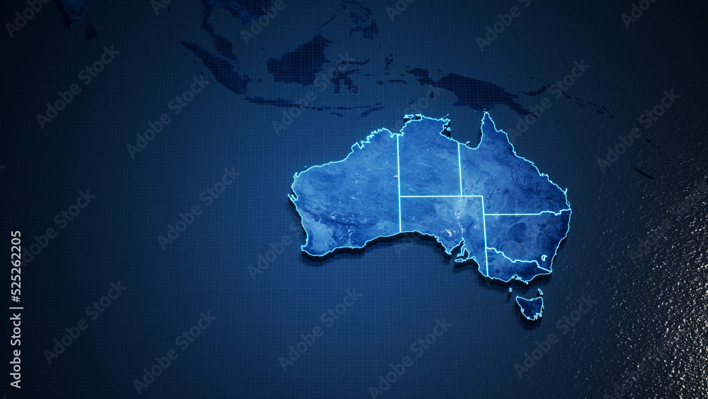 Poster abstract geometric futuristic concept 3d map of australia with borders as scribble, blue neon style.