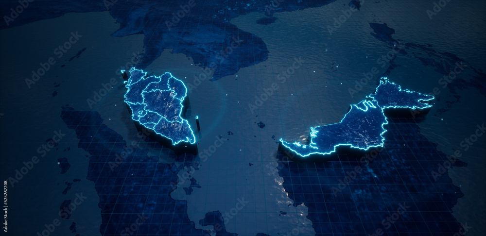 Fototapete abstract geometric futuristic concept 3d map of malaysia with borders as scribble, blue neon style. 