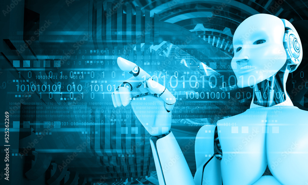 Poster humanoid robot in futuristic technology background. 3d illustration..