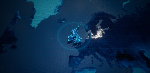 Abstract  geometric futuristic concept 3d Map of United Kingdom with borders as scribble,  blue neon style. 3d rendering
