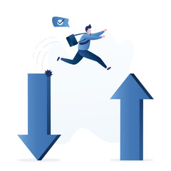 Male trader jumps from falling arrow to rising one. Business vision. Profitable changes in stock trading. Success instead of financial losses. Choosing right direction. Confident businessman.