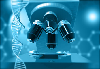 Microscope and dna strand on scientific background. 3d illustration..