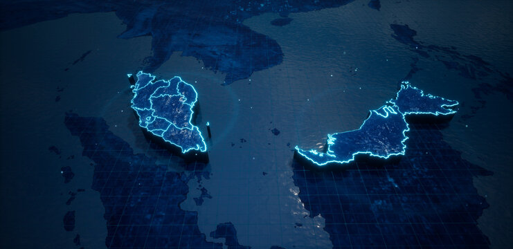 Abstract  geometric futuristic concept 3d Map of Malaysia with borders as scribble,  blue neon style. 3d rendering