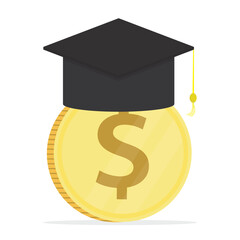 Degrees in education. Graduation hat on big dollar coin. Payment for online course. Investment in education. Tuition fees, scholarship.