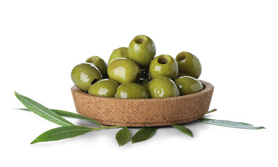 Bowl with green olives isolated on white background