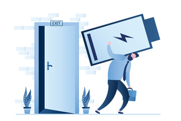 Tired businessman leaves office, end of working day. Brick wall, open door, exit. Unhappy male employee holds huge empty battery. Overworked man, fatigue, lack of strength.