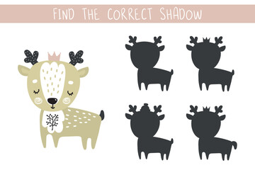 Obraz premium Educational shadow matching game with doodle deer for children. Wildlife in scandinavian style. Logic game for kids. Workbook template. Find the correct shadow.