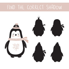 Educational shadow matching game with doodle penguin for children. Wildlife in scandinavian style. Logic game for kids. Workbook template. Find the correct shadow.