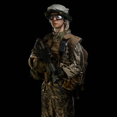 Fototapeta premium Woman army soldier in combat uniforms with assault rifle, plate carrier, goggles and backpack. Studio shot, dark background