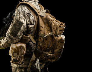 Military multicam backpack on soldier back and bags for unloading, isolated on black background