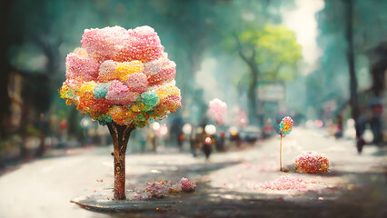 Illustration of a fantasy landscape in the town with pink cotton candy lollipop trees, imagination...