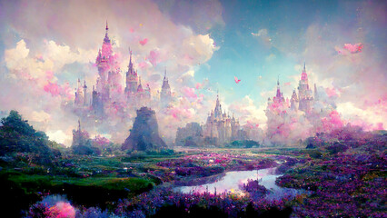 Illustration of a fairytale dreamlike castle in pastel colors, magical and mystical medieval kingdom