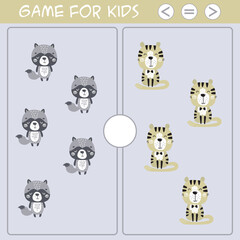 Education logic game for preschool kids. Wild animals in scandinavian style. Choose the correct answer. More, less or equal. Cute raccoon and tiger. Doodle adorable animals
